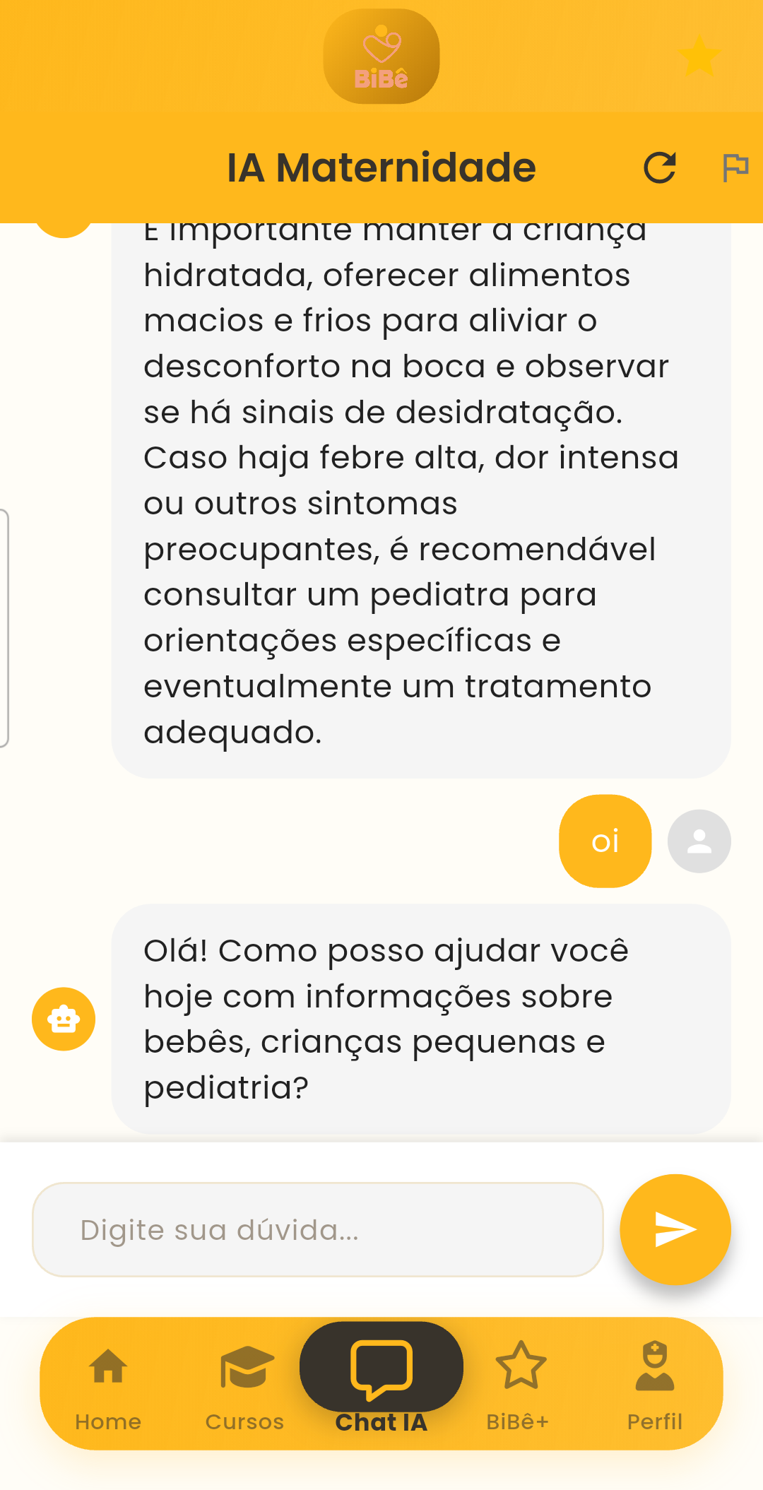 Tela de IA Maternidade do aplicativo BiBê
