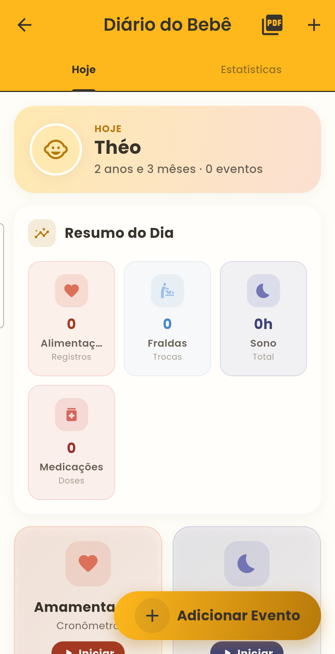 Tela de diário do aplicativo BiBê