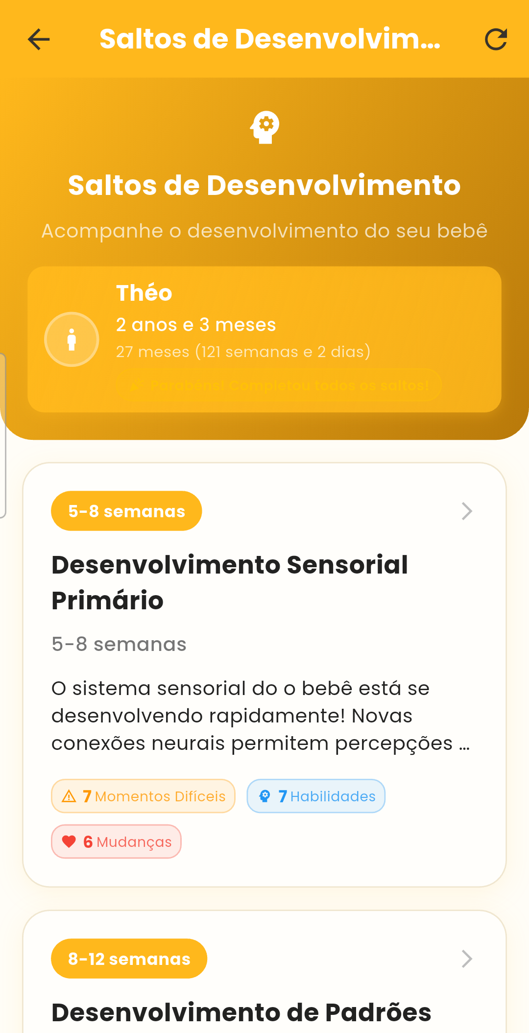 Tela de saltos de desenvolvimento do aplicativo BiBê